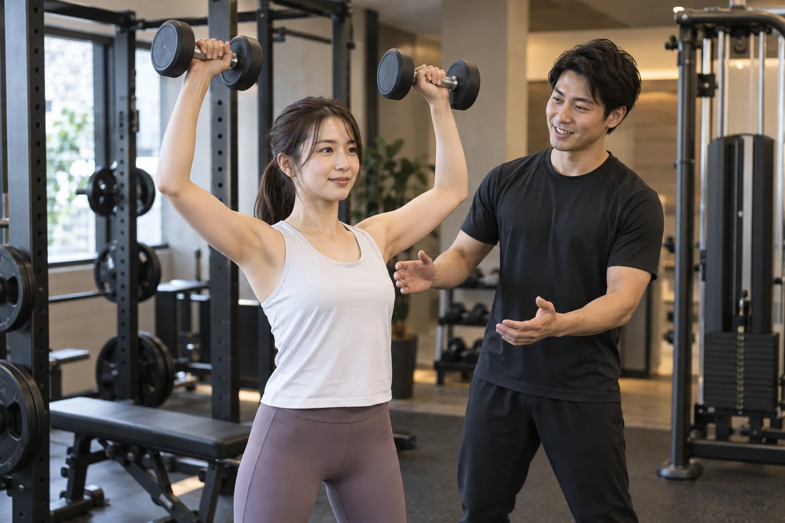 パーソナルトレーニングのイメージ。女性がダンベルを持ち、トレーナーが隣で指導している